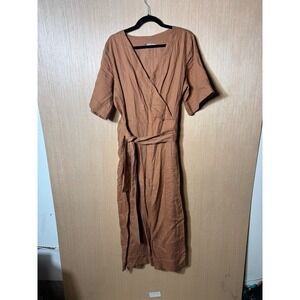 Everlane Linen Wrap Wide leg Cropped romper jumpsuit Terracotta Brown